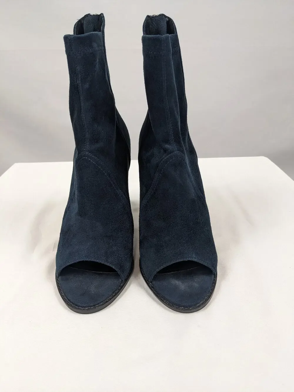 Alias Mae Revolve Booties Navy Blue Suede 9 40 Stretch Peep Toe Block Heel Zip